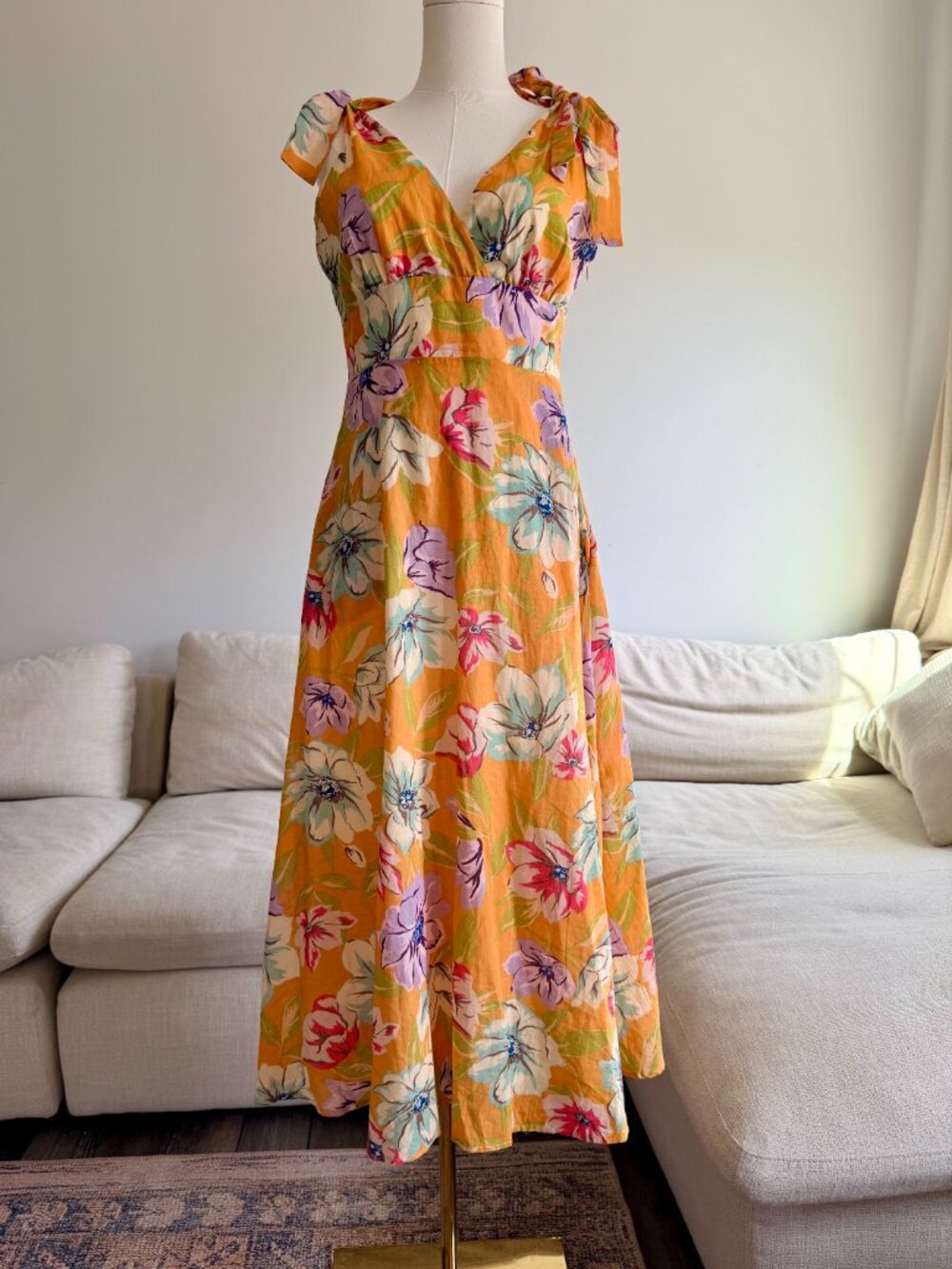Lush Yellow Floral Maxi Dress Size S Tie Shoulder V-Neck Flowy Summer